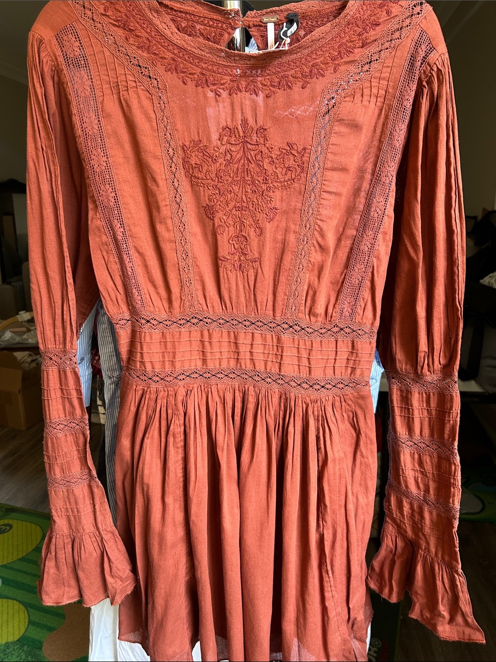 Free People Women's Long Sleeve Embroidered Rust Dress